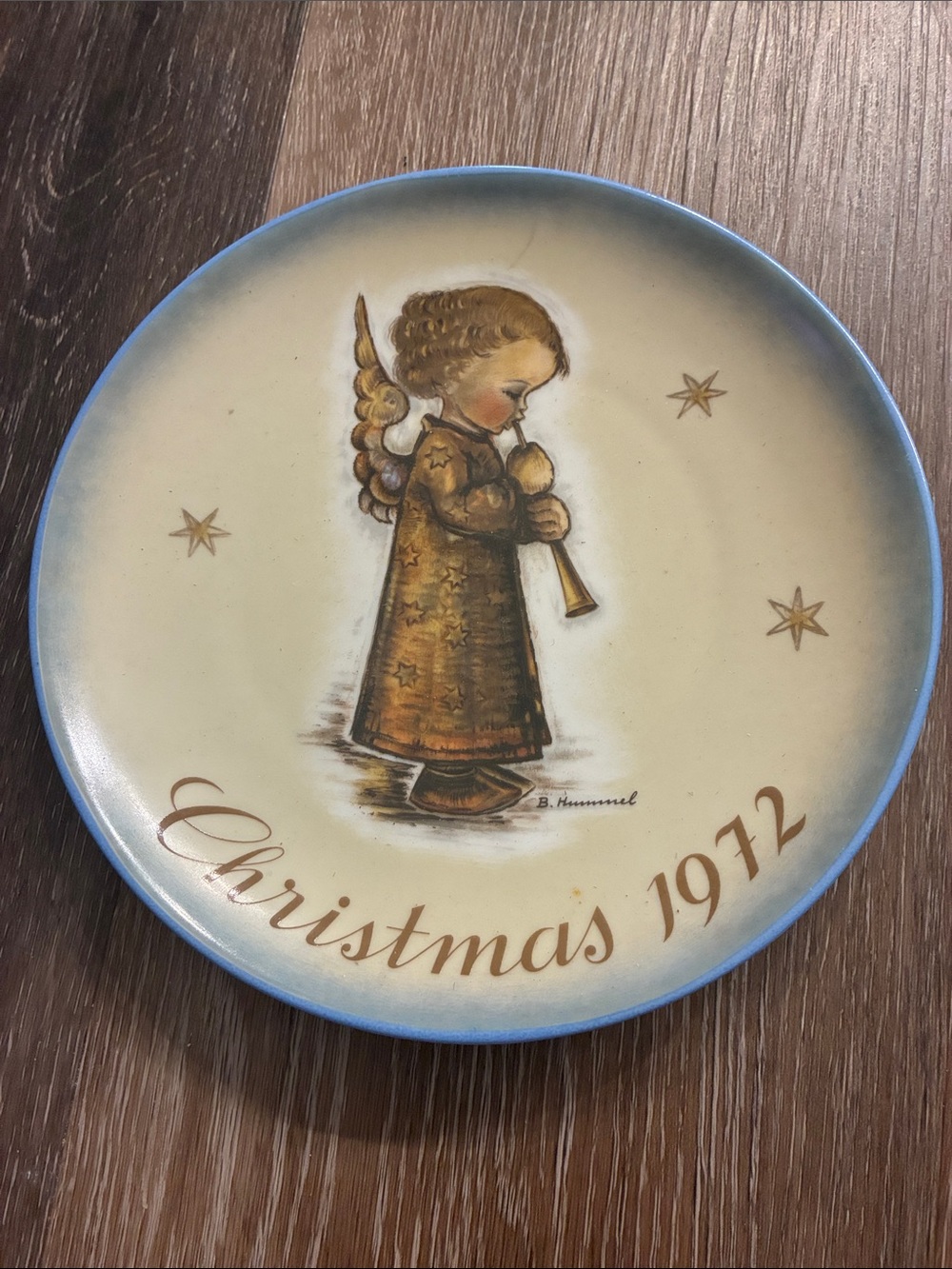 Hummel Beige and Blue Christmas Plate with Golden Angel